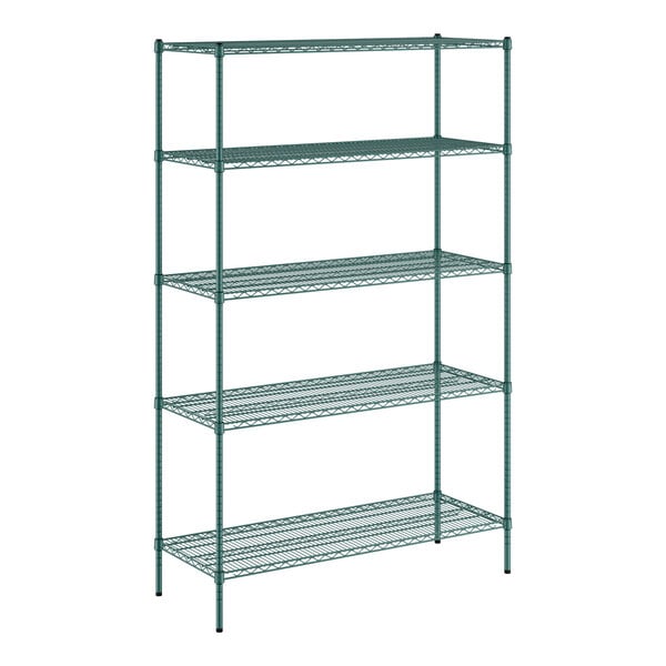 A Regency green wire shelving unit with five shelves.