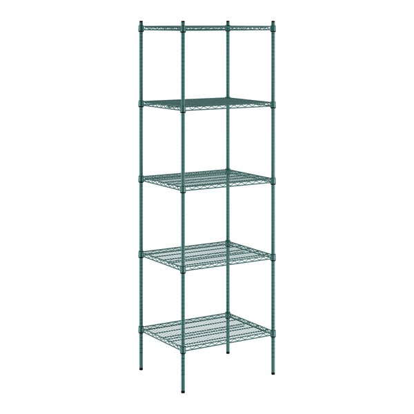 A green metal Regency wire shelving unit with five shelves.