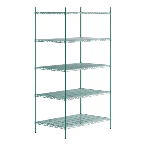 A green metal Regency wire shelving unit with four shelves.