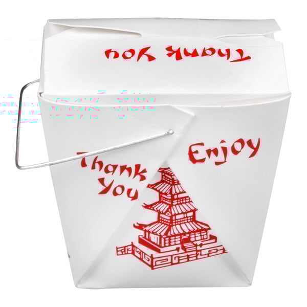 A white paper Chinese take-out container with a wire handle and red pagoda design.