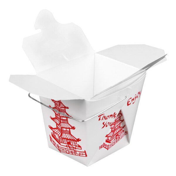 A white paper Chinese take-out container with a red pagoda design and a metal wire handle.