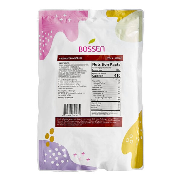A white Bossen bag of chocolate powder with a pink and yellow label.
