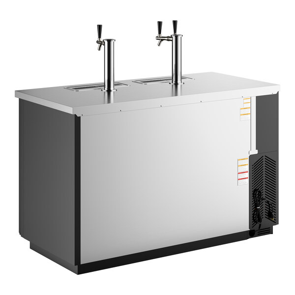 A commercial black kegerator beer dispenser with one single and one double tap, designed to hold three half kegs.