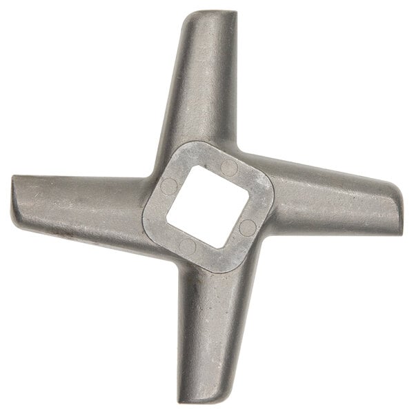 A Backyard Pro stainless steel grinder knife with four square holes.