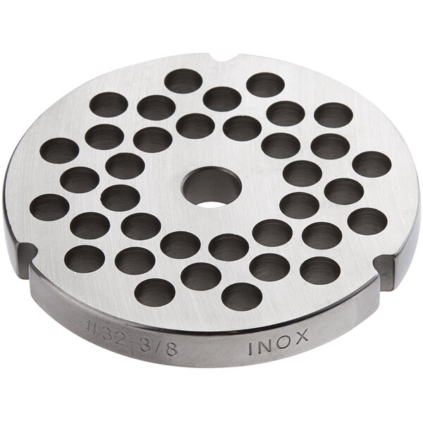 A stainless steel flat grinder plate with circular holes.