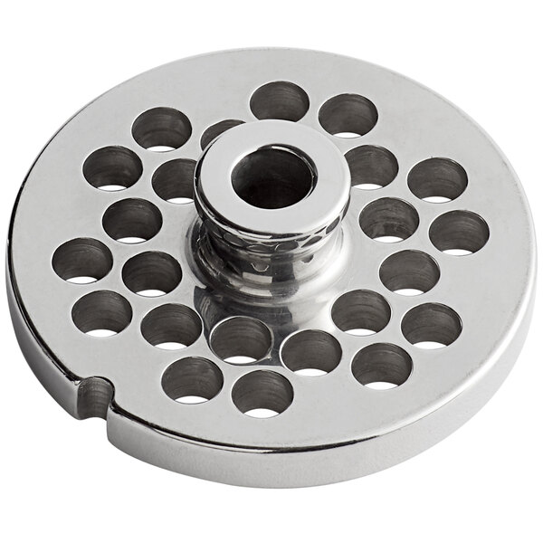 A close-up of a stainless steel #12 grinder plate with holes in it.