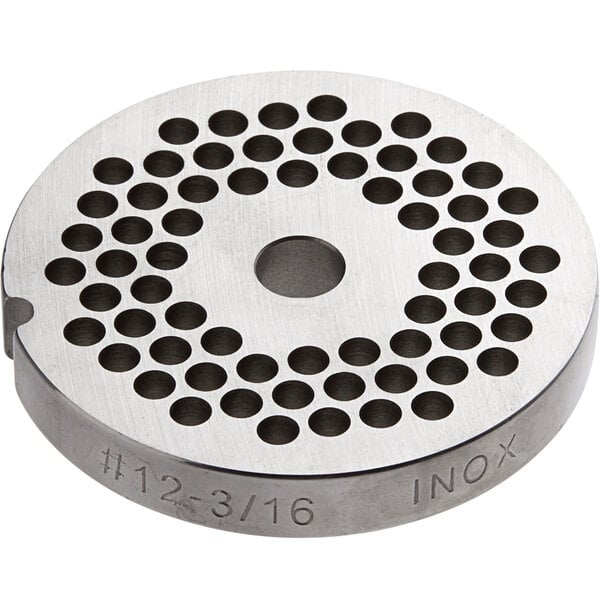 An Avantco stainless steel grinder plate with 3/16" holes.