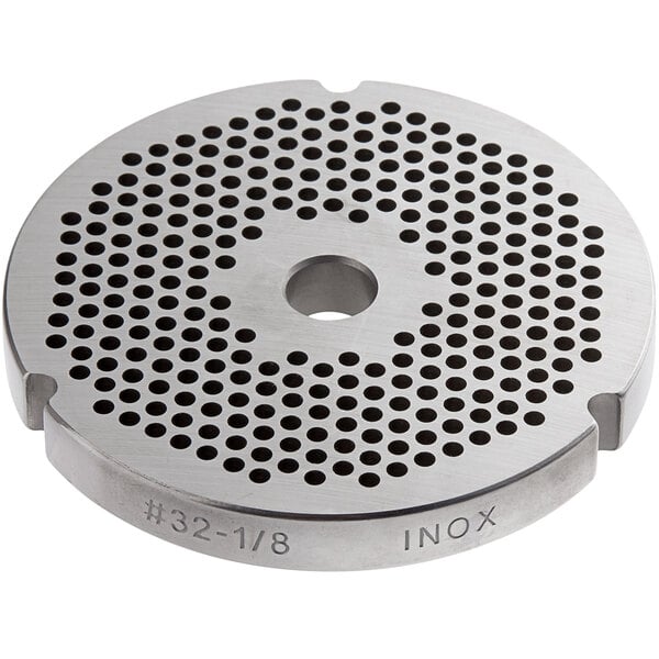 A stainless steel flat grinder plate with circular holes.