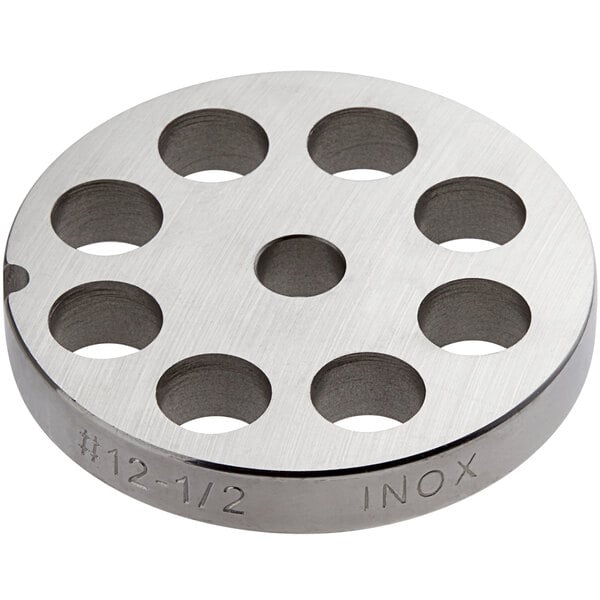 A stainless steel circular grinder plate with holes.