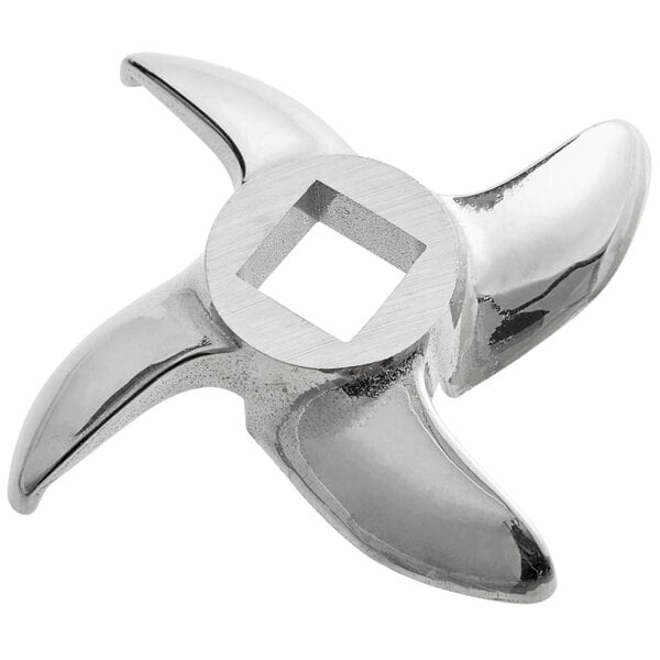 A stainless steel curved grinder knife with a square cut out in the center.
