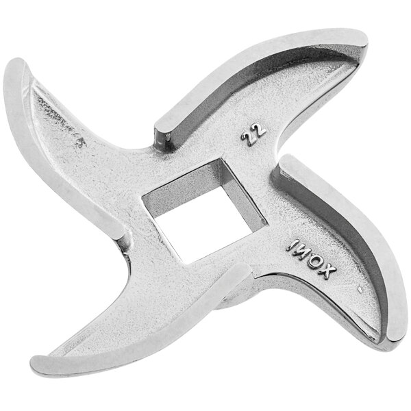 A stainless steel curved grinder knife with two blades and a square hole.