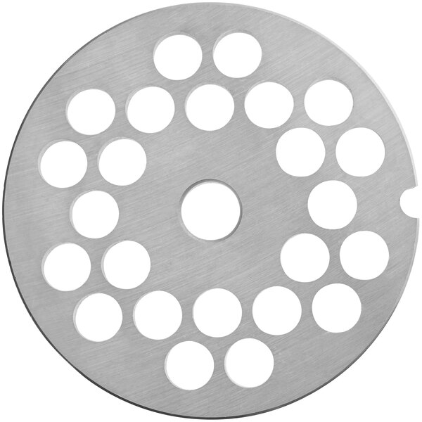 A circular stainless steel grinder plate with holes in it.