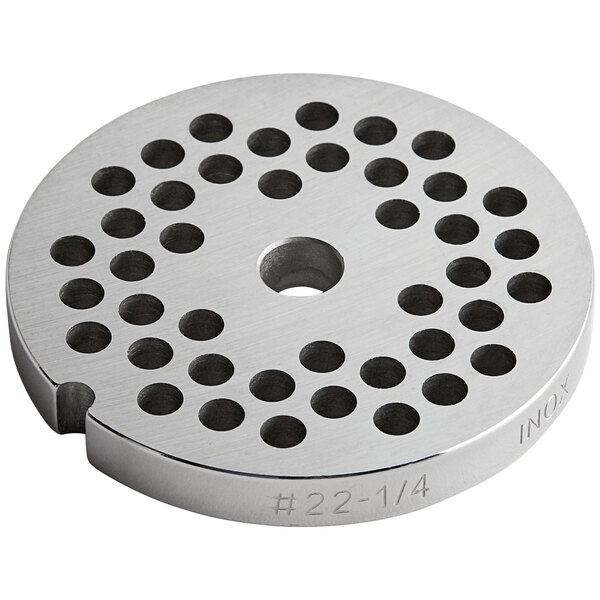 A stainless steel flat grinder plate with circular holes.