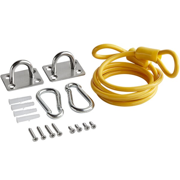 A yellow Regency coiled restraining cable with metal locks.