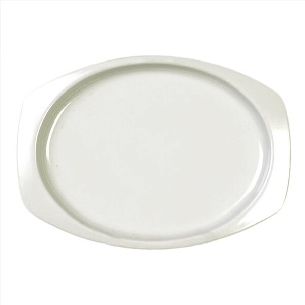 A white rectangular melamine platter with a small rim.