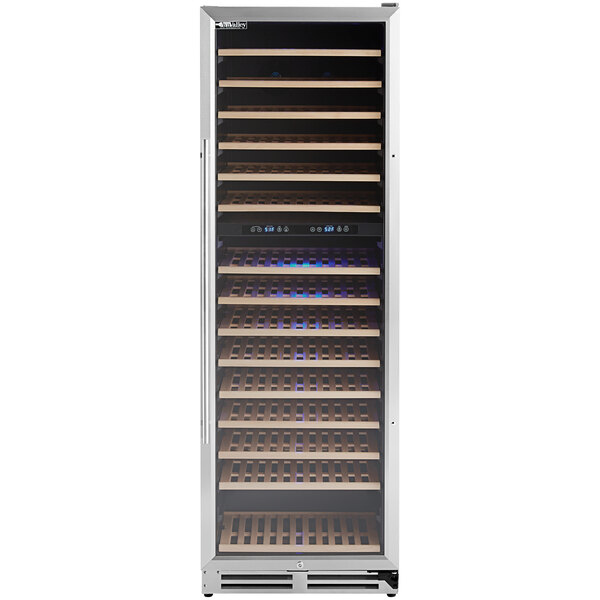 An AvaValley wine cooler with glass doors and shelves.