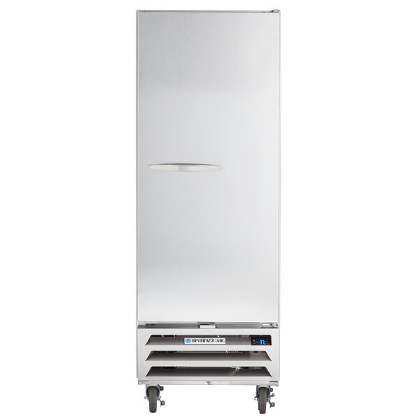 A silver Beverage-Air reach-in refrigerator with a white circle on the door.