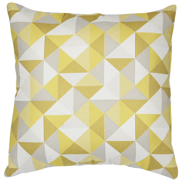 A white outdoor lounge throw pillow with a yellow and grey geometric pattern.