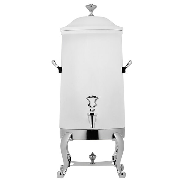 A white rectangular Bon Chef coffee urn with brass trim.