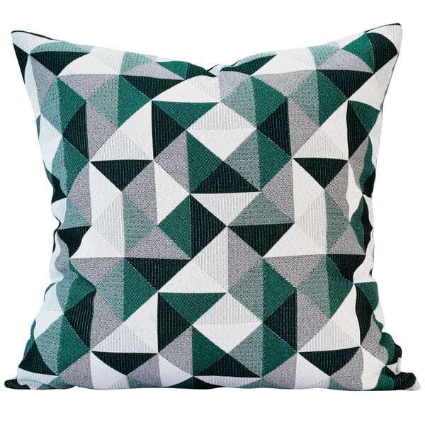 An Astella Pacifica Ruskin lounge throw pillow with a green and white geometric triangle pattern.