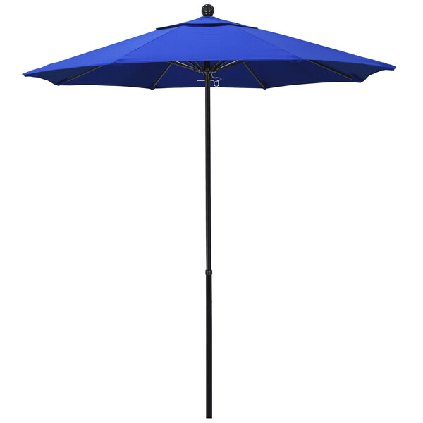 A blue California Umbrella with a black pole and ball on a white background.