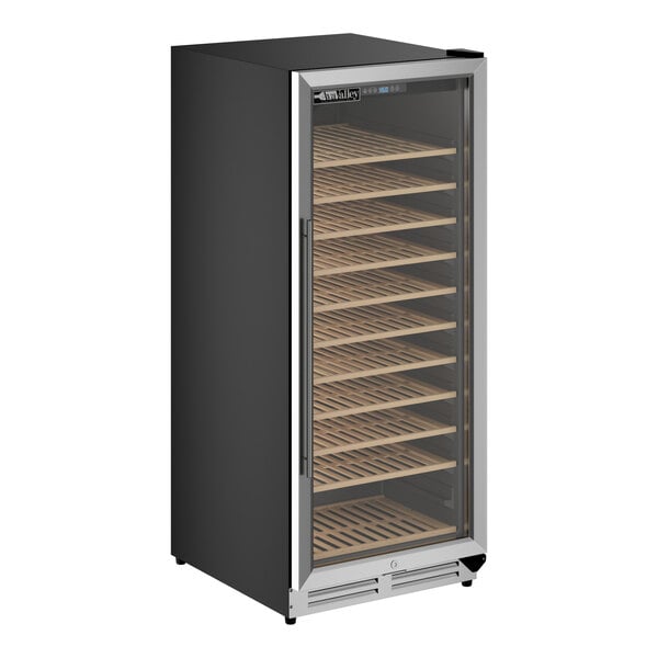 A single temperature commercial wine cooler with a full glass door and multiple wooden shelves.