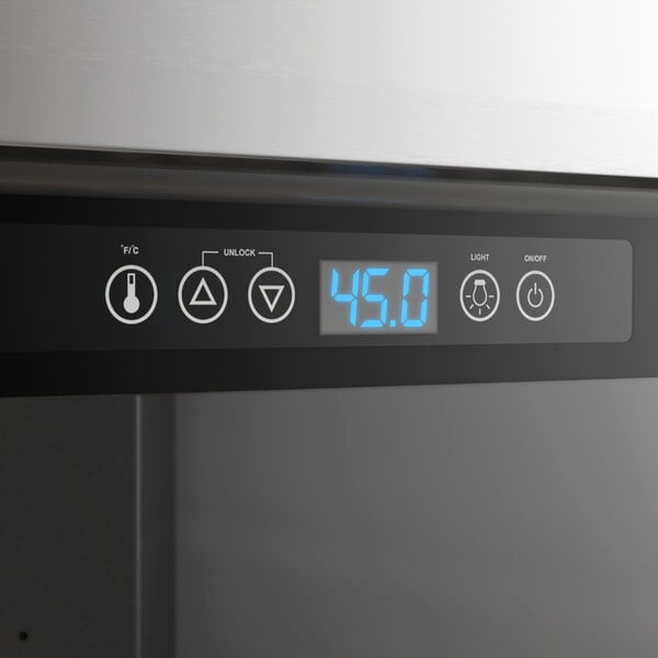 A digital control panel on a commercial wine cooler displaying a temperature of 45.0 degrees.