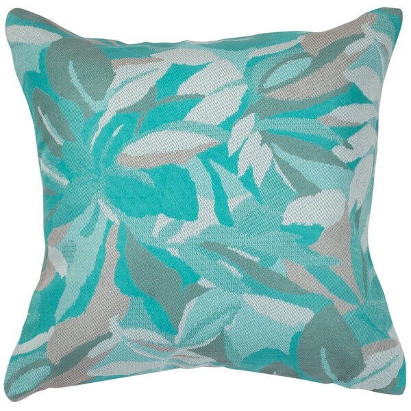 An Astella Dewey Spa throw pillow with blue and grey leaf print.