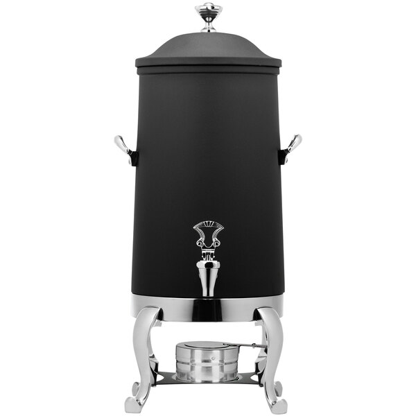 A black stainless steel Bon Chef coffee chafer urn with brass trim.