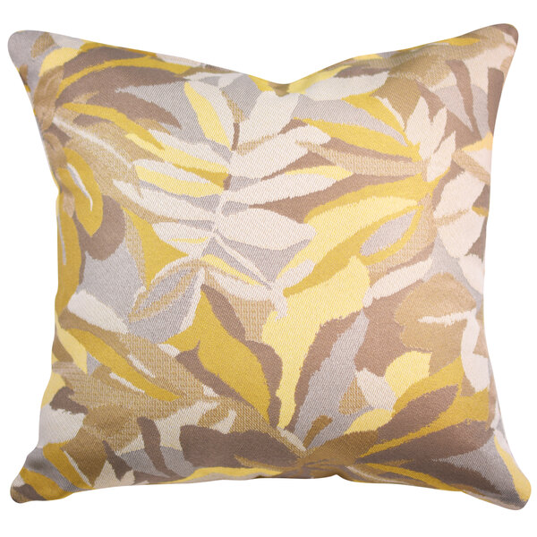 An Astella Dewey Yellow throw pillow with a floral pattern including leaves in yellow and grey.