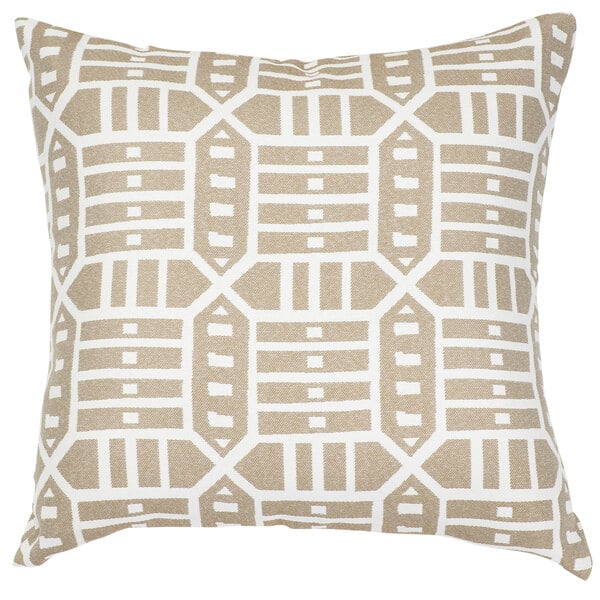 An Astella Pacifica Roland hemp throw pillow with a beige and white geometric pattern.