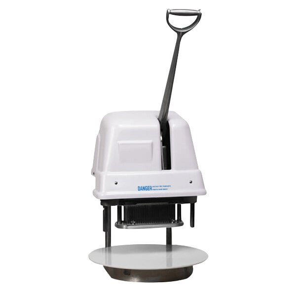 A white Omcan manual meat tenderizer with a black handle.