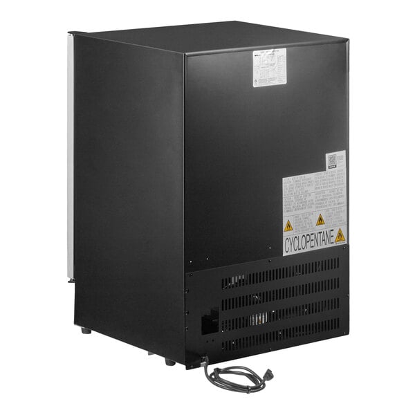 A black AvaValley BRC-84-SZ full glass door beverage cooler shown from the back with visible ventilation grilles and warning labels.
