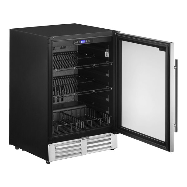 A black and silver beverage cooler with a glass door and multiple wire shelves, shown with the door open.
