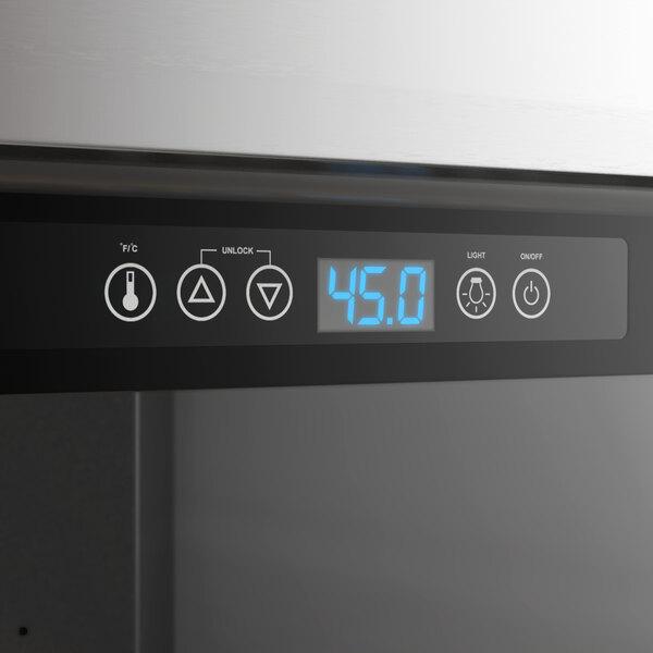 A digital control panel on a beverage cooler displaying a temperature of 45.0 degrees.