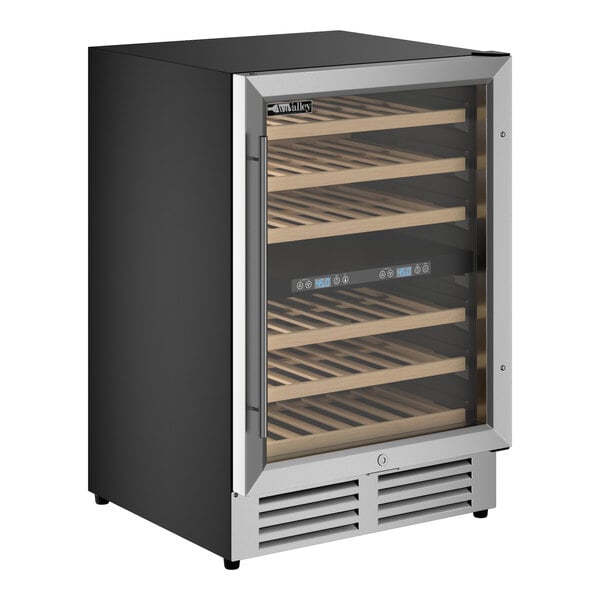 A commercial wine cooler with a glass door and multiple wooden shelves.