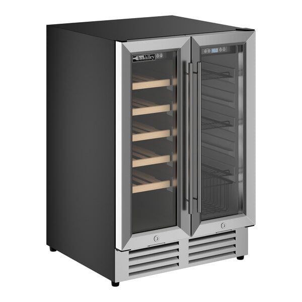 A dual-section, dual-temperature commercial wine cooler with full glass doors and multiple shelves.