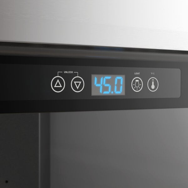 A digital control panel on a commercial wine cooler displaying a temperature of 45.0 degrees.