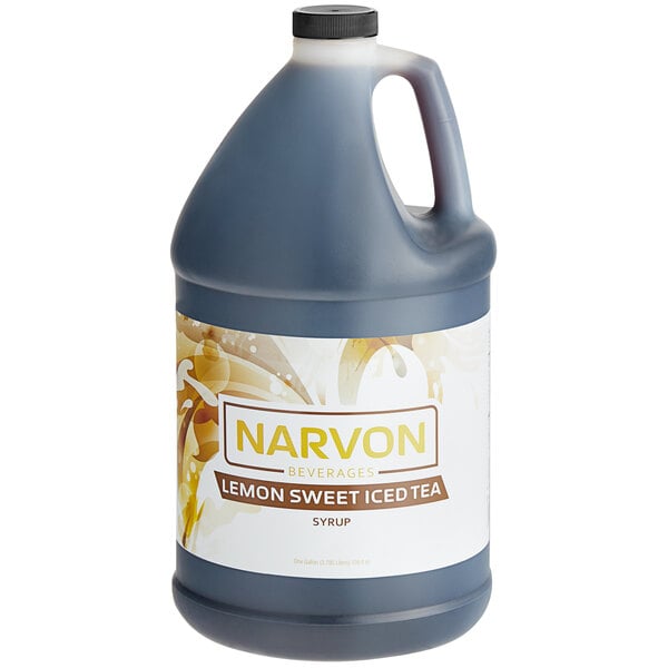 A jug of Narvon Lemon Sweet Iced Tea Beverage Concentrate with a yellow label.