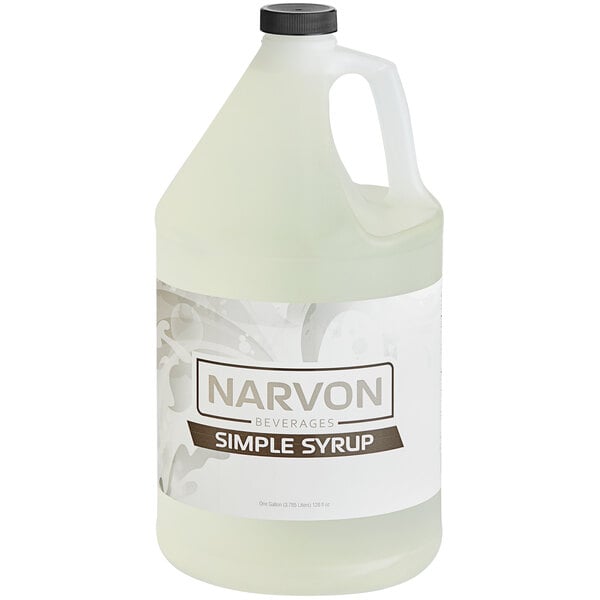 A plastic jug of Narvon Simple Syrup with a black cap and a handle.