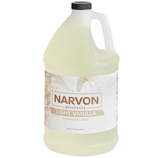 A white labeled jug of Narvon Light Vanilla Syrup.