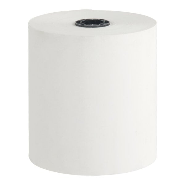 A roll of white thermal cash register POS paper.