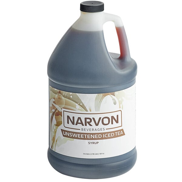 A plastic jug of Narvon iced tea concentrate with a white label.