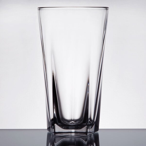 A close-up of a Libbey Inverness clear drinking glass on a table.