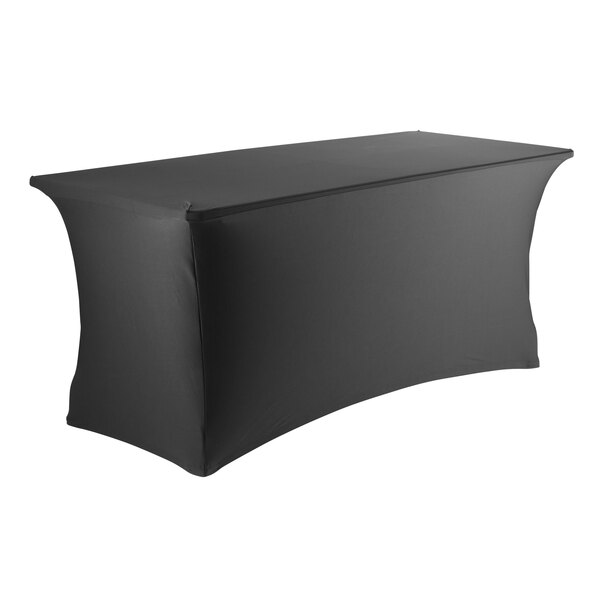 A black rectangular Snap Drape spandex table cover on a table