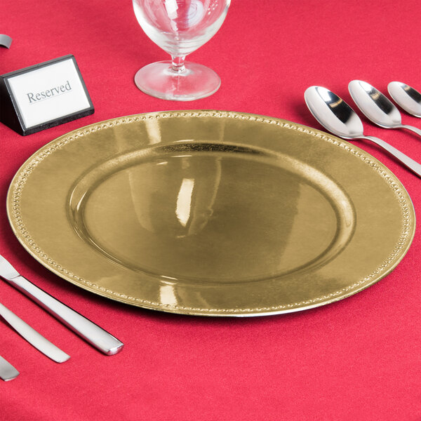 Gold Metal Charger Plate With Beaded Rim, Mirrored Charger Plates Bulk
