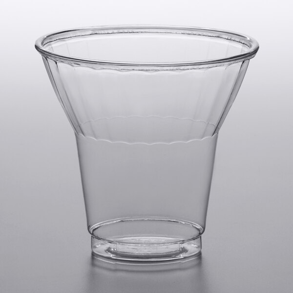 A 9 oz. clear PET parfait cup on a white surface.
