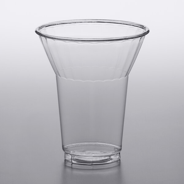A 12 oz. clear plastic PET parfait cup on a white surface.