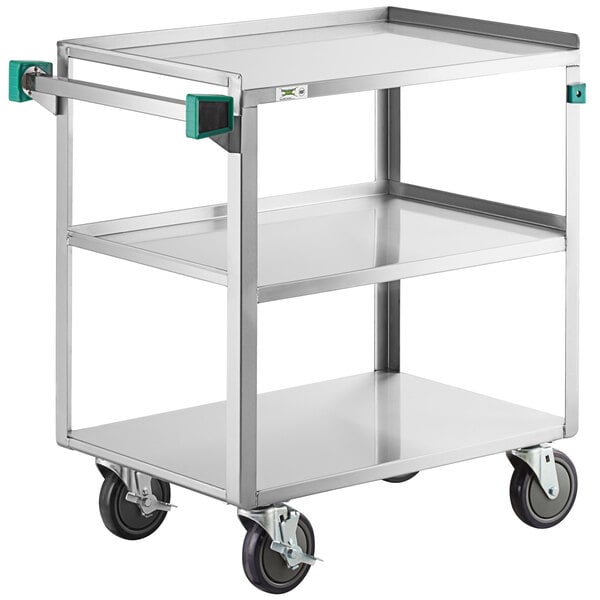 A Regency stainless steel utility cart with three shelves and wheels.