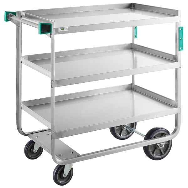 A Regency stainless steel three-shelf cart with wheels and U-channel handle.